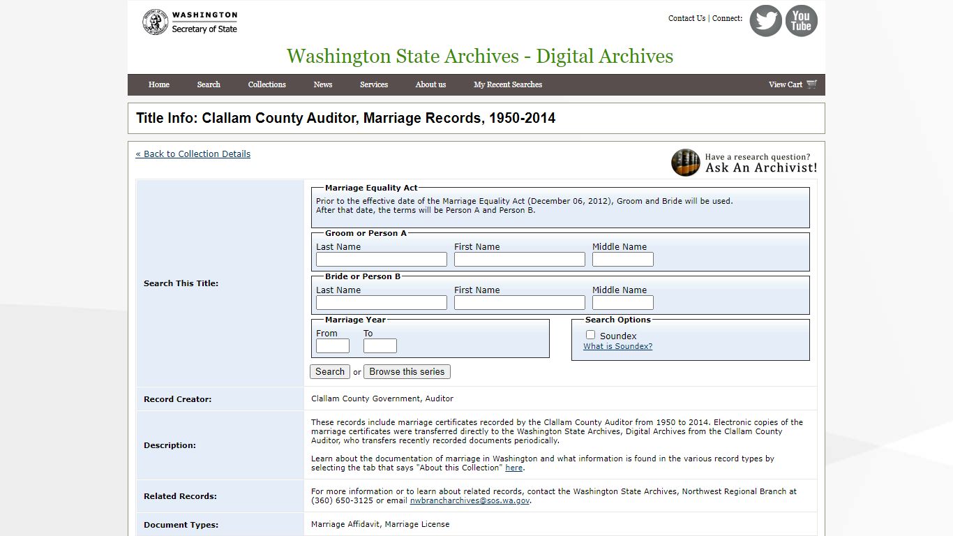 Title Info: Clallam County Auditor, Marriage Records, 1950-2014