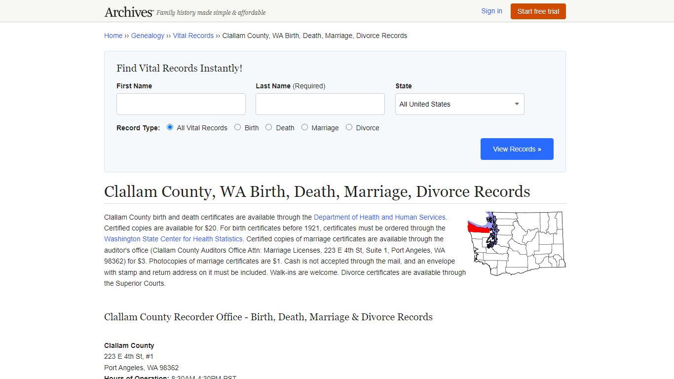 Clallam County, WA Birth, Death, Marriage, Divorce Records - Archives.com